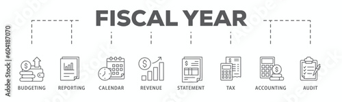 Fiscal year banner web icon vector illustration concept with icon of budgeting, reporting, calendar, revenue, statement, tax, accounting, audit
