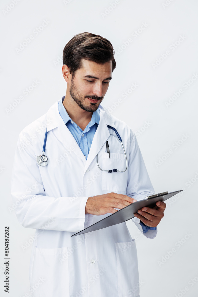 Man doctor in white coat with stethoscope and folder for notes and patient records smile and good test results look into camera on white isolated background, copy space, space for text, health Man doctor in white coat with stethoscope and folder for notes and patient records smile and good test results look into camera on white isolated background, copy space, space for text, health