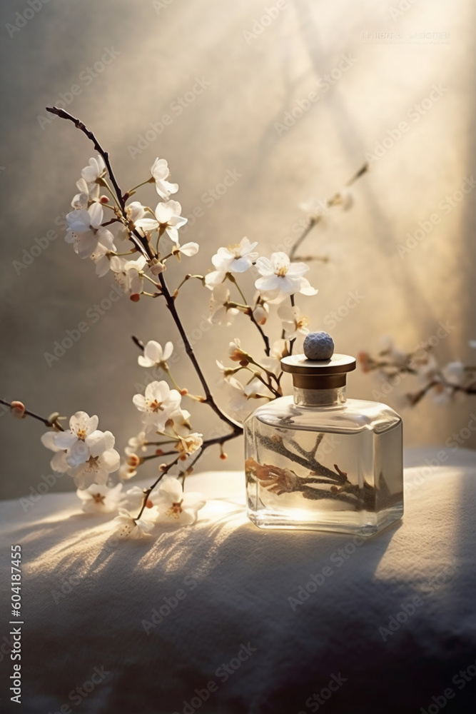 Still life photography, transparent perfume bottle in the center, stones, branches, flowers. AI generative - obrazy, fototapety, plakaty 