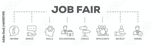 Job fair banner web icon vector illustration concept for employee recruitment and onboarding program with an icon of the information, advice, skills, occupational, applicants, recruit, and hiring
