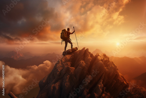 Successful hiker hiking a mountain pointing to the sunset. AI generative