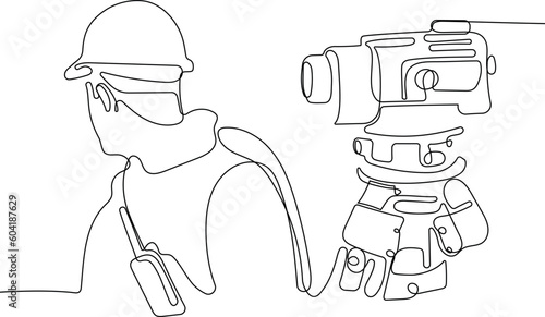 Close up of Caucasian worker with helmet on head using tablet for work while standing in warehouse. Surveyor with a tripod icon. Geodesic tripod. Vector illustration