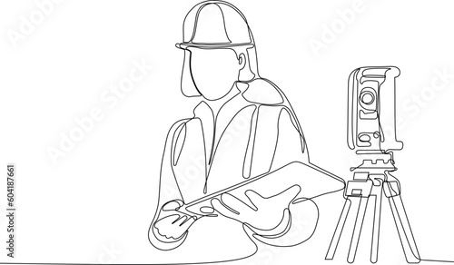 Close up of Caucasian worker with helmet on head using tablet for work while standing in warehouse. Surveyor with a tripod icon. Geodesic tripod. Vector illustration