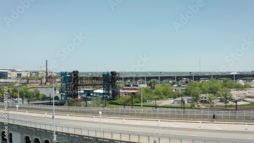 Cleveland Ohio downtown skyline bridge reveal 4K drone