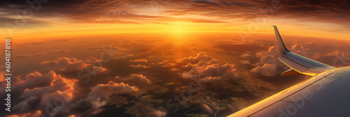 The view from the plane window to the sunset. Aerial view. AI generative