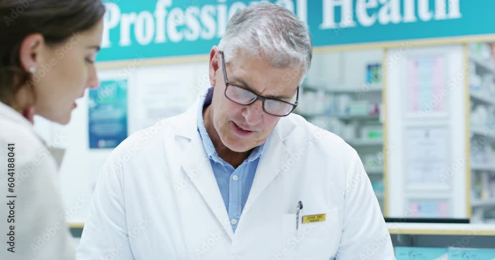 Pharmacist, man and customer with tablet in pharmacy for medicine, pills or throat medication. Pharmaceutical, senior doctor and woman with technology shopping for drugs, medical healthcare and help. Pharmacist, man and customer with tablet in pharmacy for medicine, pills or throat medication. Pharmaceutical, senior doctor and woman with technology shopping for drugs, medical healthcare and help.