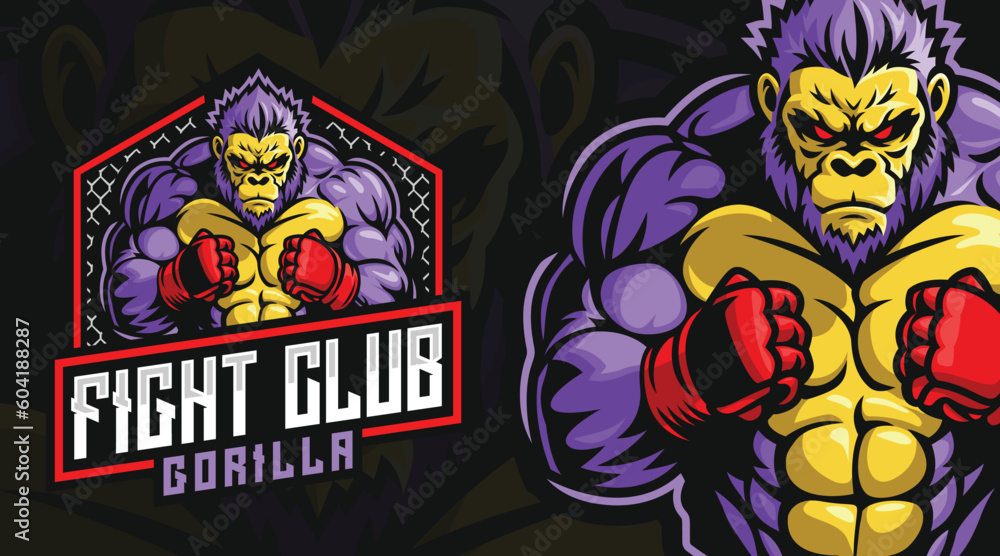 MMA gorilla logo design, fight club gorilla logo template, boxing gorilla logo illustration