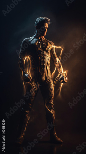 Photo realistic illustration of a superhero powering up for battle. Anatomy and lighting reference. Generative AI.