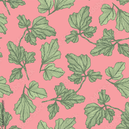Tender green on pink floral seamless pattern with hand drawn textured columbine leaves. Delicate gingko leaf botanical texture for textile design  wrapping paper  surface  wallpaper  background