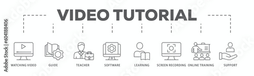 Video tutorial banner web icon vector illustration concept with icon of watching video, guide, teacher, software, learning, screen recording, online training, support

