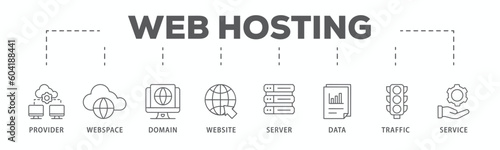 Web hosting banner web icon vector illustration concept with icon of provider, webspace, domain, website, server, data, traffic and service
