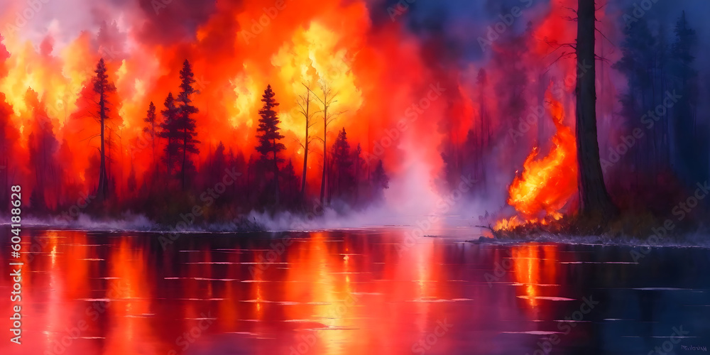 Massive inferno spreading through the forest, illustration of landscape in oil painting style, digital art, wallpaper, 8k resolution, generative ai
