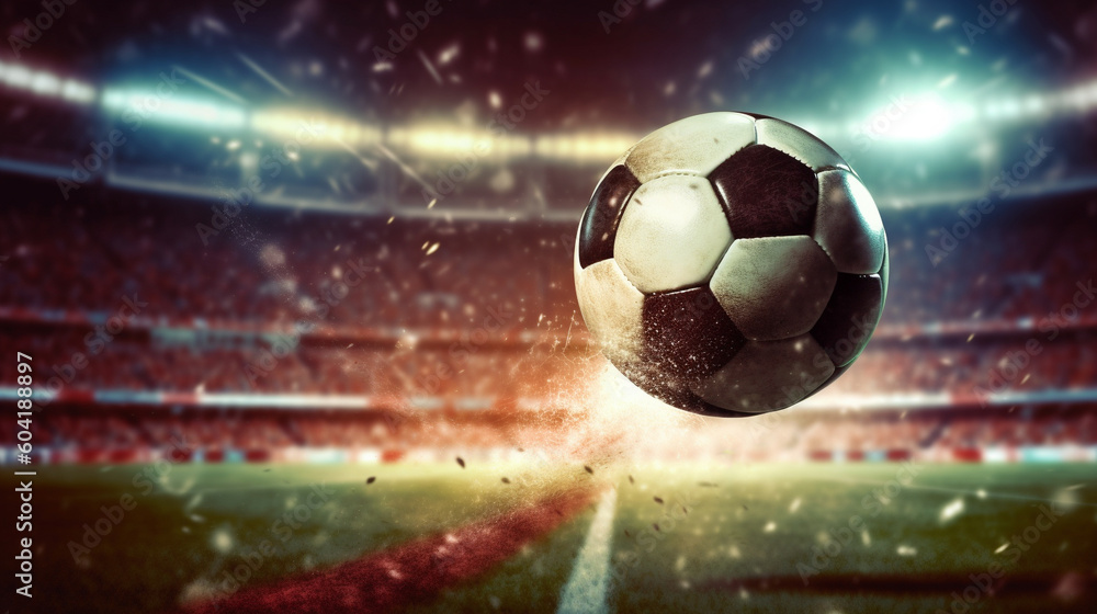 Soccer ball on stadium, football arena banner background in neon light ai generative 
