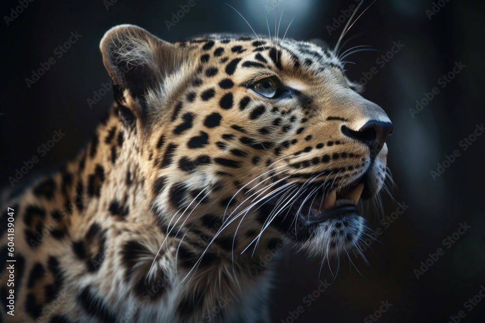 Beautiful leopard. Background with selective focus and copy space. AI generated, human enhanced Beautiful leopard. Background with selective focus and copy space. AI generated, human enhanced