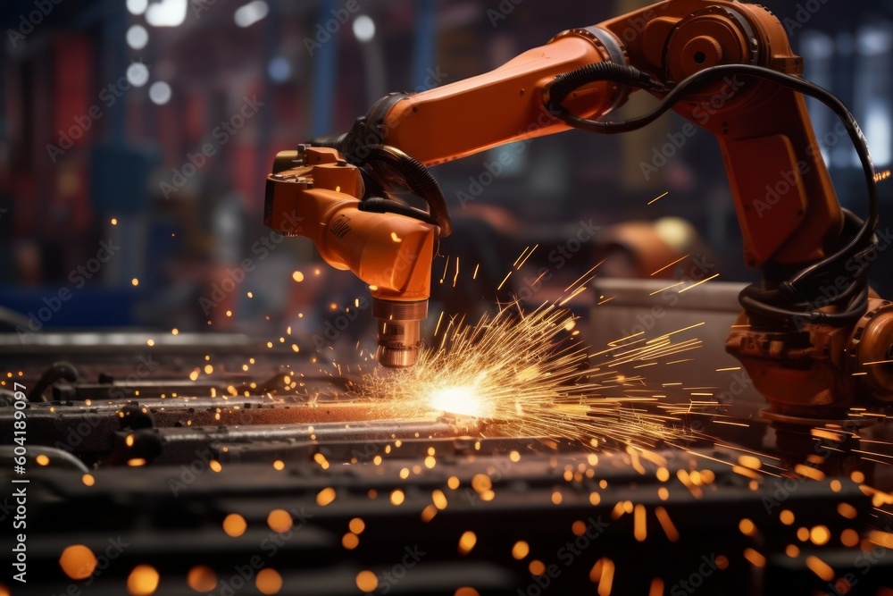 Robot welder. Automatic welding machine. AI generated, human enhanced Robot welder. Automatic welding machine. AI generated, human enhanced