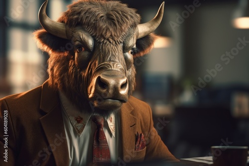 Anthropomorphic Bison dressed in a suit like a businessman. Business Concept. AI generated, human enhanced