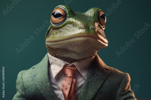 Anthropomorphic frog dressed in a suit like a businessman. Business Concept. AI generated  human enhanced