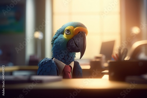 Anthropomorphic parrot dressed in a suit like a businessman. Business Concept. AI generated, human enhanced photo