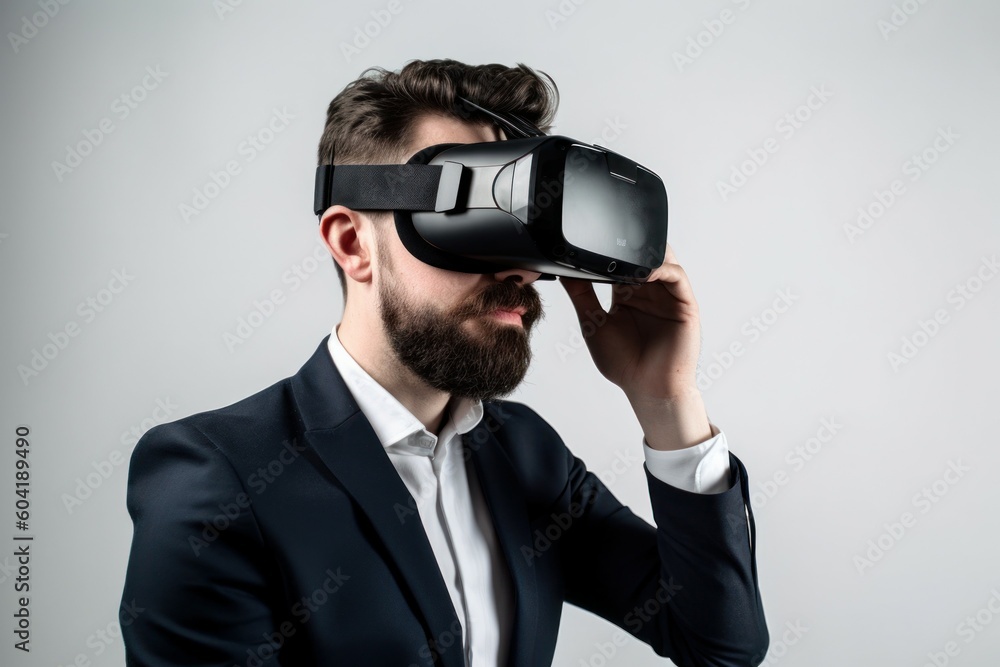 Male businessman wearing virtual reality glasses. VR concept. AI generated, human enhanced Male businessman wearing virtual reality glasses. VR concept. AI generated, human enhanced
