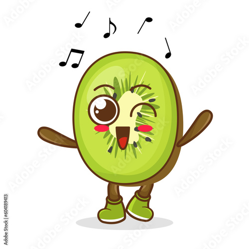 kiwi Fruit cartoon mascot character Listening music. Cute kiwi cartoon character dances to music