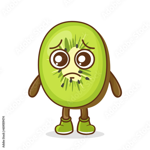 Cute sad kiwi fruit character, kiwi character with sad emotion, face, depressive eyes