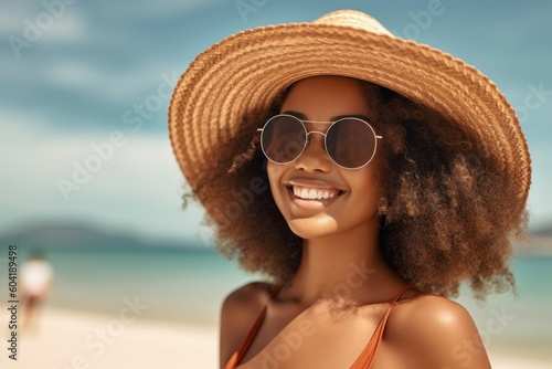 Happy woman in a straw hat is sunbathing on the beach. Travel concept. AI generated, human enhanced