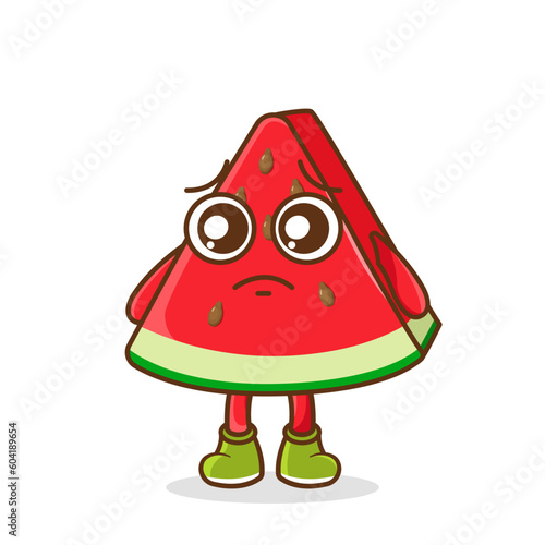 Cute sad watermelon fruit character, watermelon character with sad emotion, face, depressive eyes