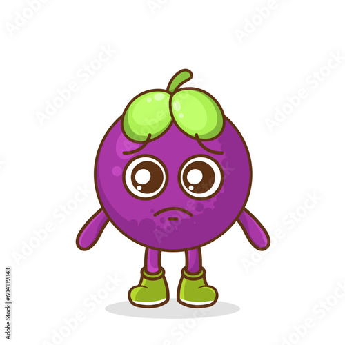 Cute sad mangosteen fruit character, mangosteen character with sad emotion, face, depressive eyes