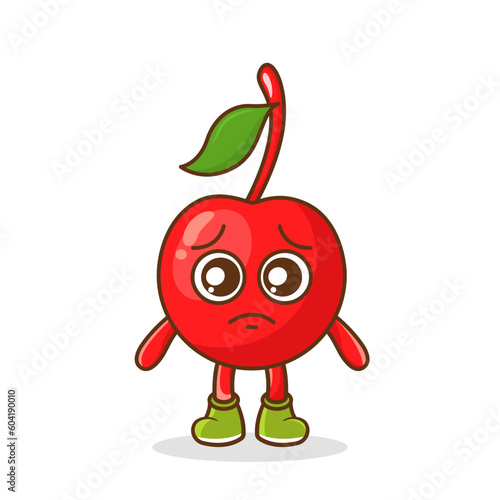 Cute sad cherry fruit character, cherry character with sad emotion, face, depressive eyes