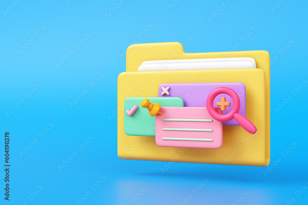 Yellow file folder database or backup. Searching and storing documents online connect network. Object magnifying glass, note paper computer data on blue background. clipping path. 3D Illustration. Yellow file folder database or backup. Searching and storing documents online connect network. Object magnifying glass, note paper computer data on blue background. clipping path. 3D Illustration.