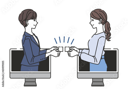 オンライン上で名刺を交換する女性