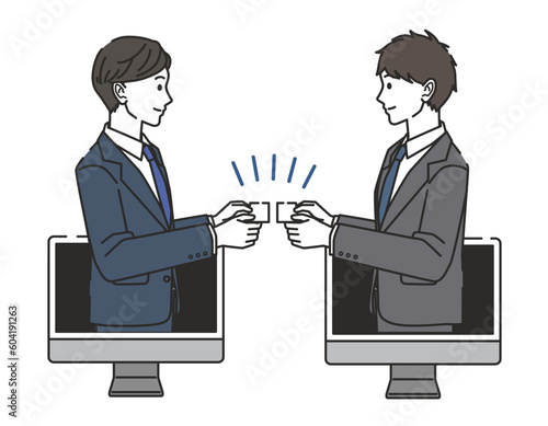 オンライン上で名刺を交換する男性