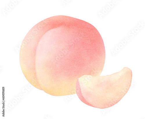 ジューシーな桃とスライスした桃の水彩イラスト_新鮮でかわいいフルーツ