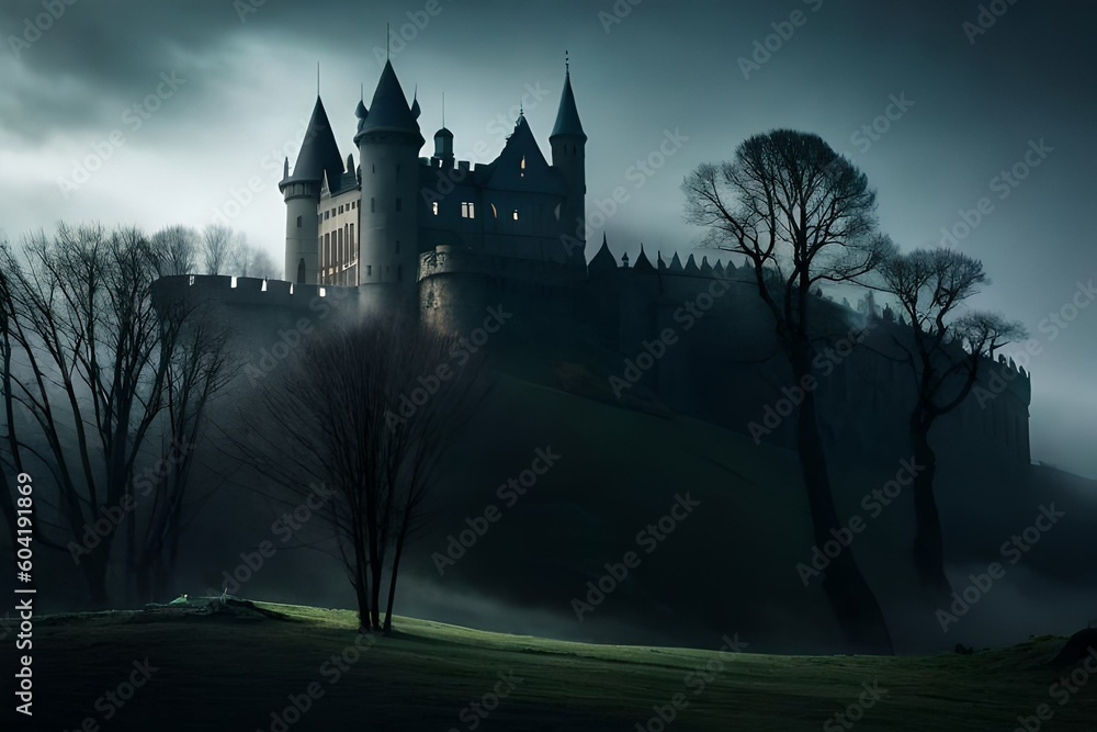 a haunted castle engulfed in a dense fog. The castle is perched on a hill, and the surrounding trees are gnarled and leafless. There are dimly lit windows, and a faint silhouette of a ghostly figure c