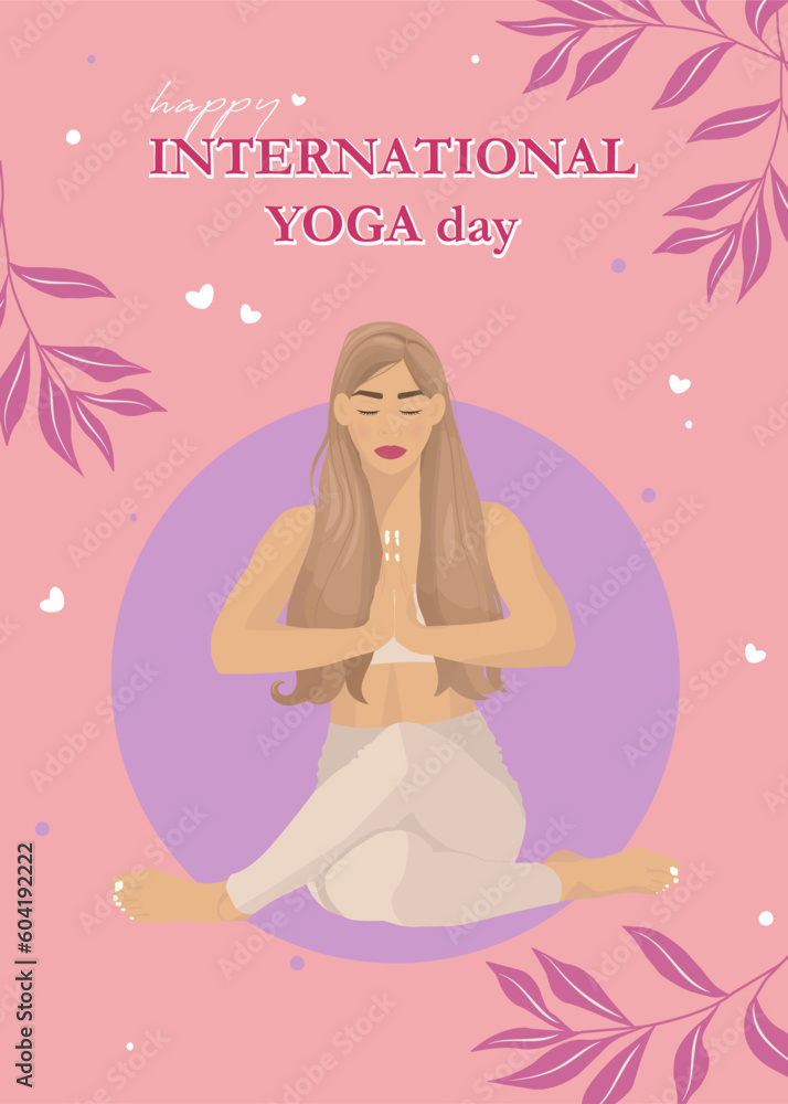 Happy International Yoga day background with beautiful girl, leaves and text. Romantic vector greeting card design.