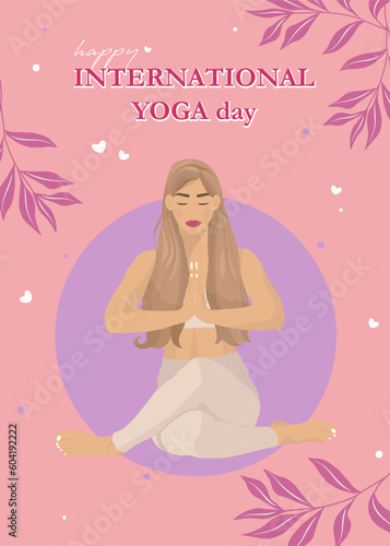 Happy International Yoga day background with beautiful girl, leaves and text. Romantic vector greeting card design.
