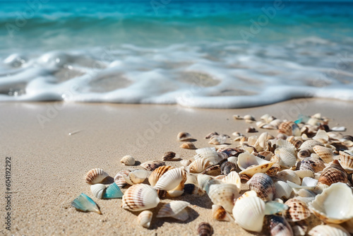 Sea shells closeup near the turquoise sea. Generative AI © lanych