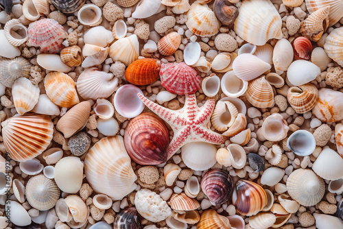 Seashells and starfish closeup background. Generative AI