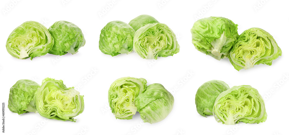 Fototapeta premium Collage with fresh lettuce heads on white background