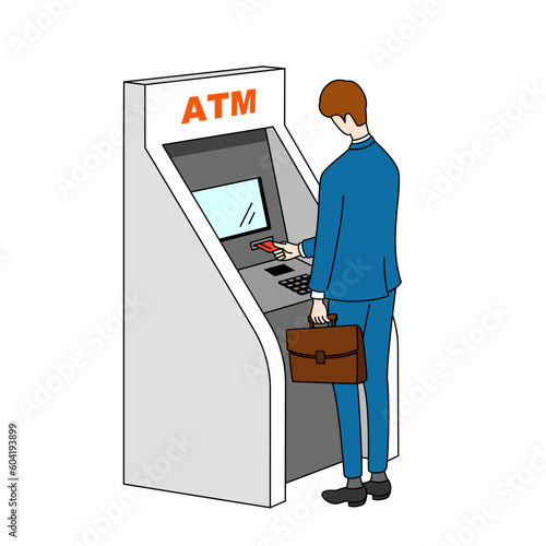 Businessman using ATM illustration. Inserting card into ATM to deposit or withdraw.