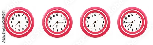 Obraz na płótnie close up of a set of red wall clocks showing the time; 6, 6