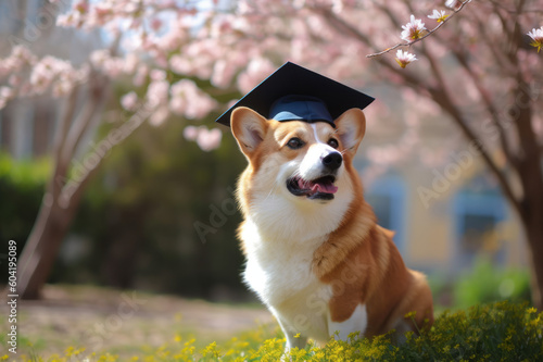 Welsh corgi puppy student with graduation cap , blooming trees on the background