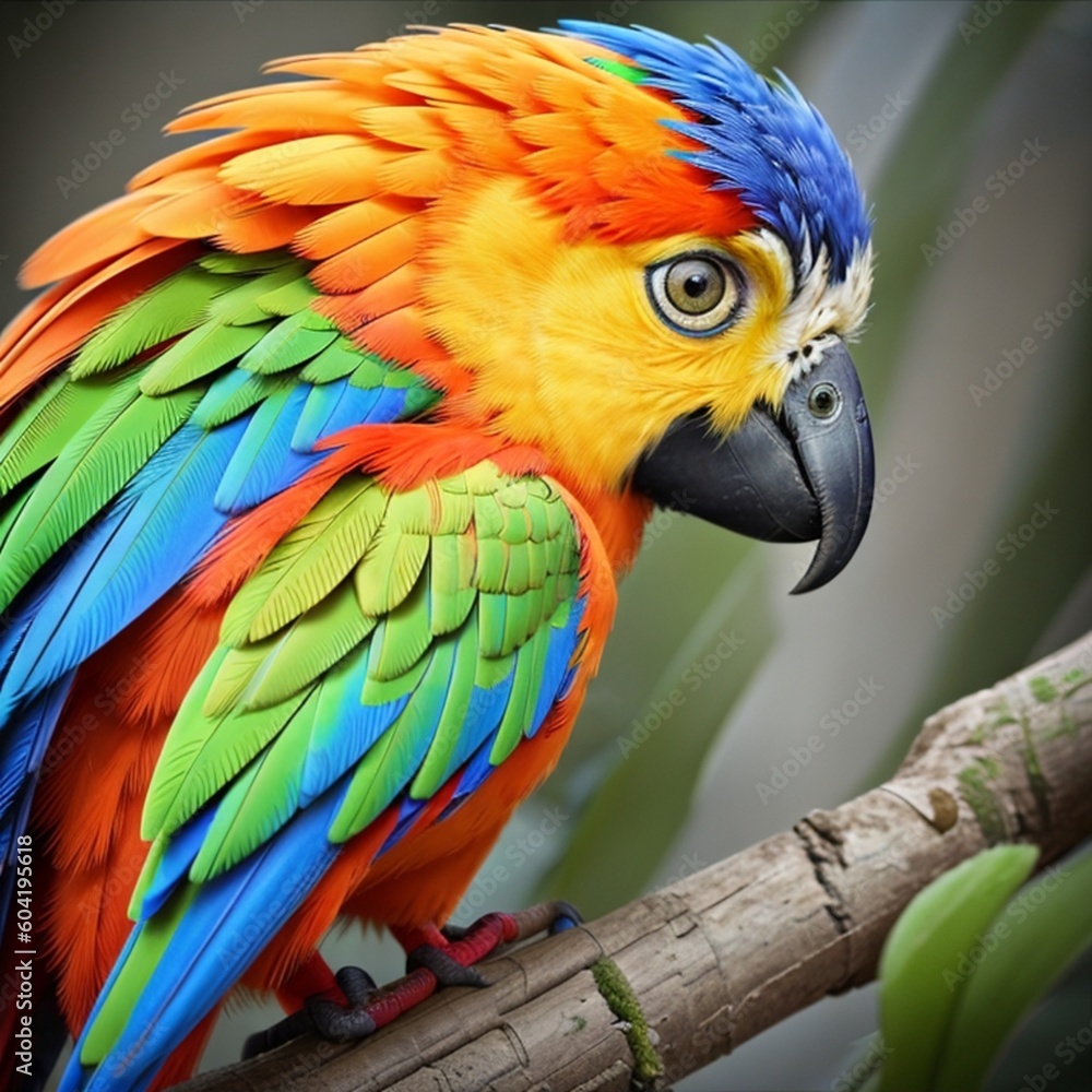 Beautiful cute funny bird of  parrot outdoor on green natural background created with AI generated