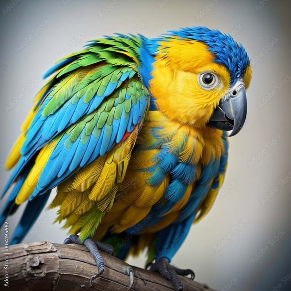 Obraz premium Beautiful cute funny bird of parrot outdoor on green natural background created with AI generated