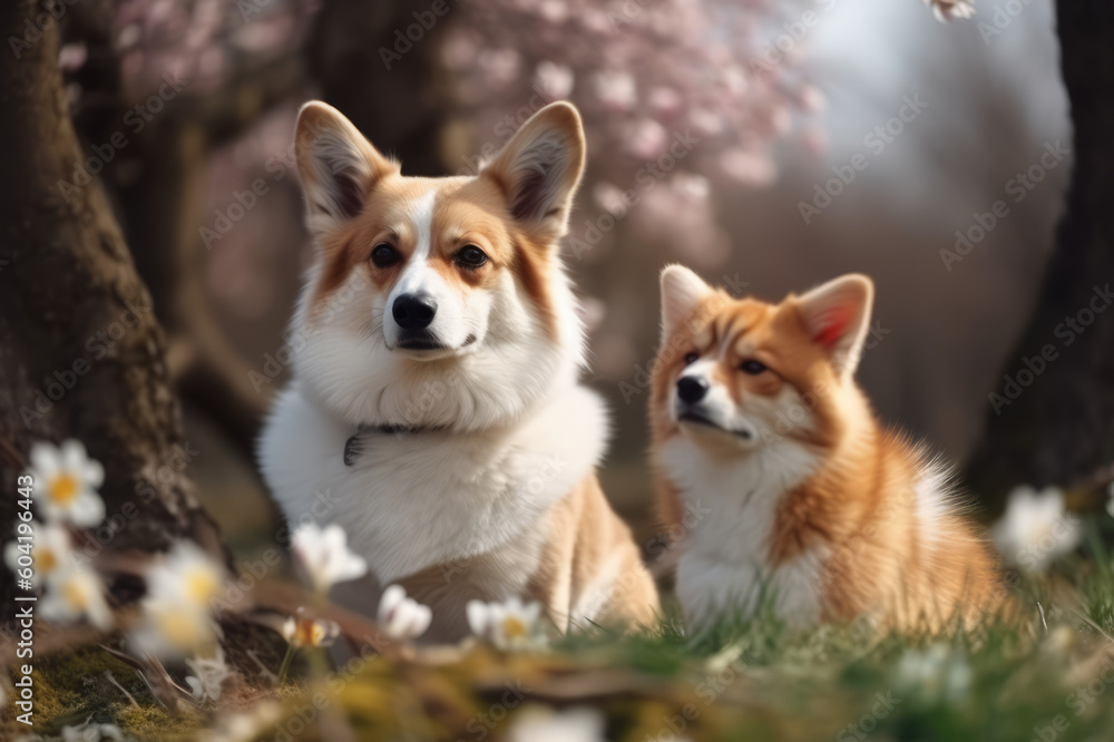 Group of the corgi dogs sitting on green grass, blooming trees on the background Group of the corgi dogs sitting on green grass, blooming trees on the background
