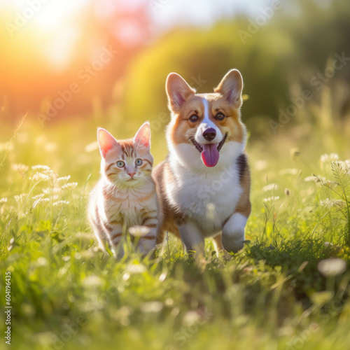 Furry friends red cat and corgi dog walking in a summer meadow, blooming background. Created using generative AI tools.