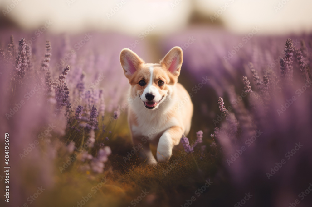 Fluffy corgi Pembroke puppy running in lavender field. Created using generative AI tools. Fluffy corgi Pembroke puppy running in lavender field. Created using generative AI tools.