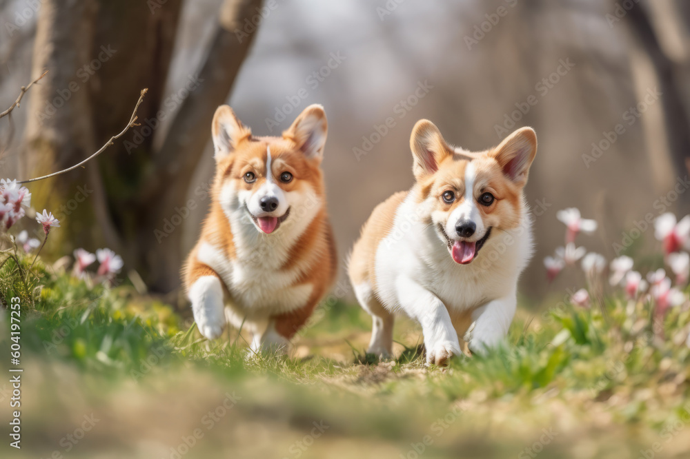 Two Fluffy corgi Pembroke puppy running in blooming park. Created using generative AI tools. Two Fluffy corgi Pembroke puppy running in blooming park. Created using generative AI tools.