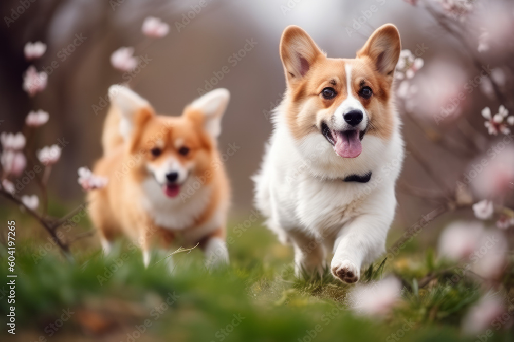 Group of the corgi dogs sitting on green grass, blooming trees on the background Group of the corgi dogs sitting on green grass, blooming trees on the background