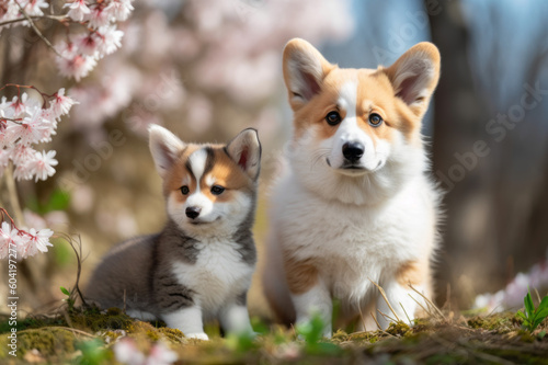 Group of the corgi dogs sitting on green grass  blooming trees on the background